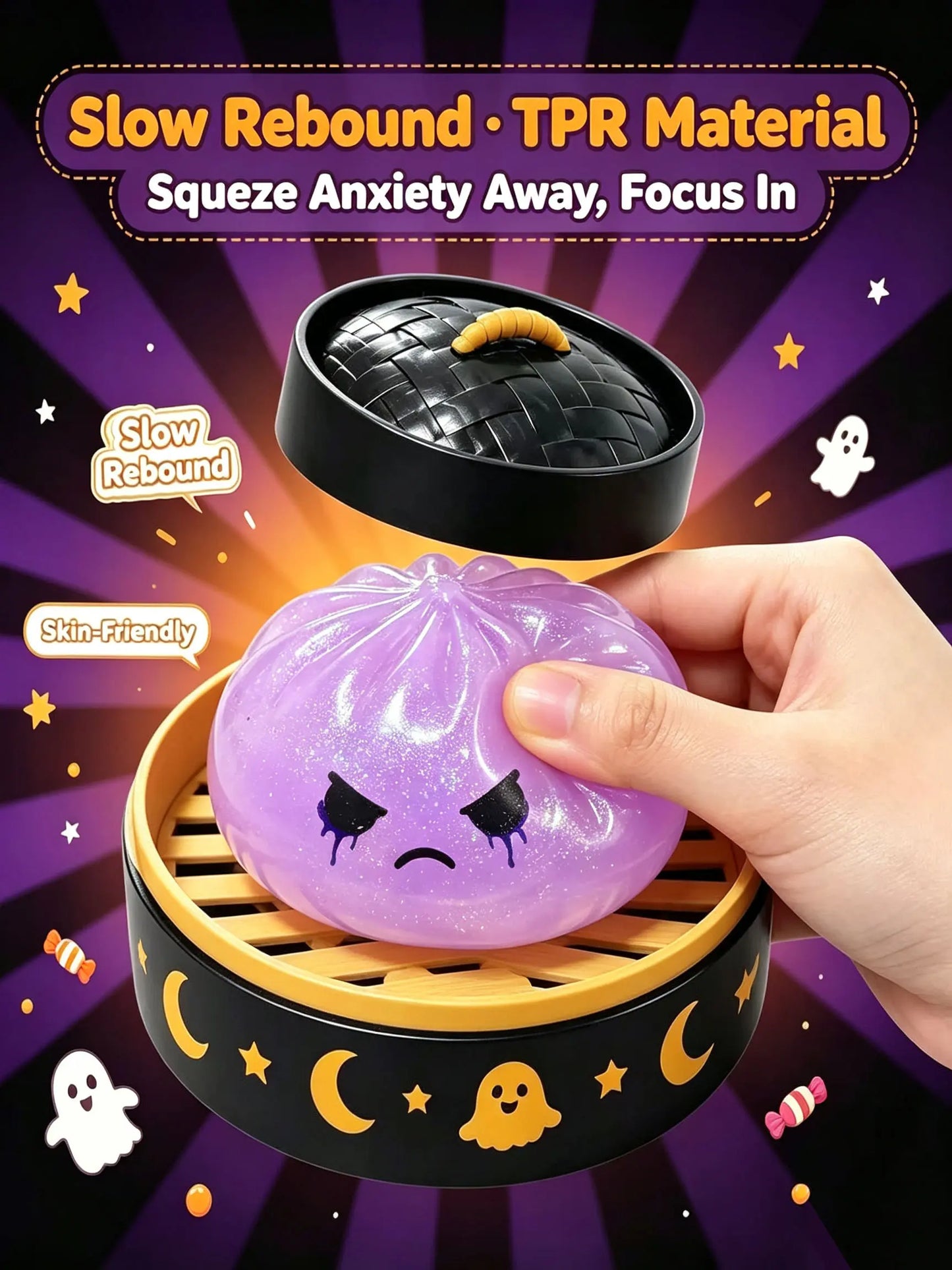 Halloween Ghost Dumpling Glitter Squeeze Toy Set, Spooky Stress Relief Squishy Fidget Toys, Portable Hand Decompression Toy, Halloween Party Favors Trick Treat Bag Fillers Holiday Gifts