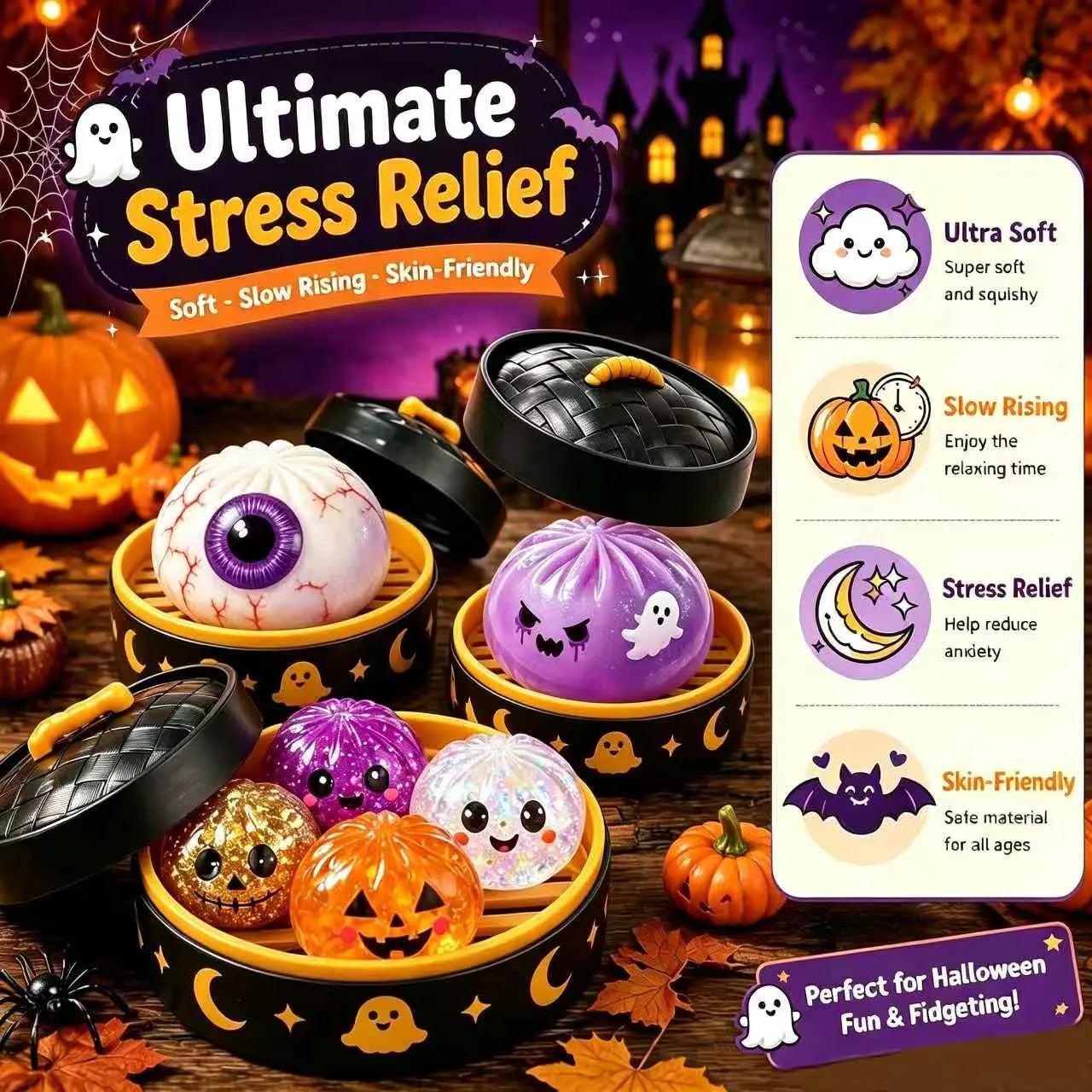 Halloween Ghost Dumpling Glitter Squeeze Toy Set, Spooky Stress Relief Squishy Fidget Toys, Portable Hand Decompression Toy, Halloween Party Favors Trick Treat Bag Fillers Holiday Gifts