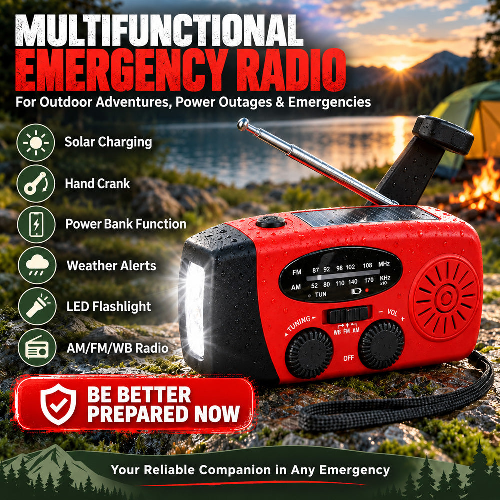 Multifunctional Portable Solar Emergency Radio – Power Bank, Hand Crank & Weather Alert for Outdoor & Crisis Preparedness