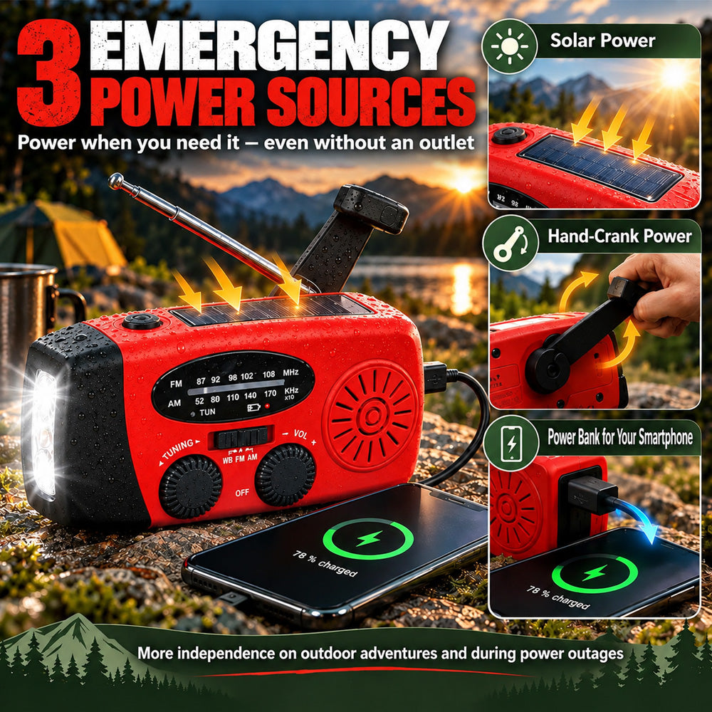 Multifunctional Portable Solar Emergency Radio – Power Bank, Hand Crank & Weather Alert for Outdoor & Crisis Preparedness