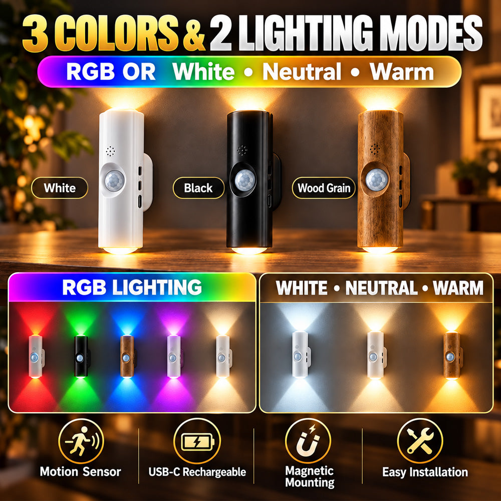 🌈Smart LED Motion Sensor Night Light, Dimmable RGB Color Changing Wall Lamp, USB Rechargeable Gradient Magnetic Stick-on Ambient Light for Bedroom, Hallway, Entryway Home Lighting Decor Accessories