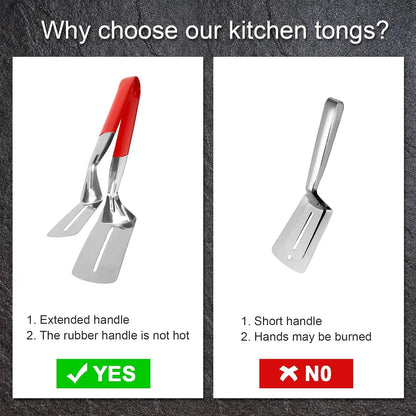 🍳👨‍🍳Buy One, Get One Free,Stainless Steel Grill Clamp Spatula, Anti‑Scald Extended Handle Spatula Tongs 🍳2PCS Makes Cooking Easier – One for Meat, One for Veg 🥩🥦