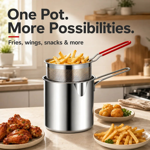 🍳 Oil‑Saving Deep Fry Pot, Stainless Steel Small Frying Pot with Strainer Basket & Food Clip