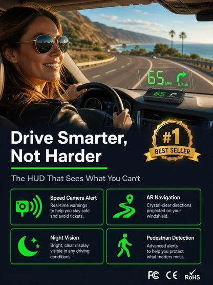 🚗50% OFF | Car GPS HUD Head-Up Display, Digital MPH Speedometer, Red Light Camera Alert & Traffic Light Countdown, Driver Safety Device to Avoid Driving Fines