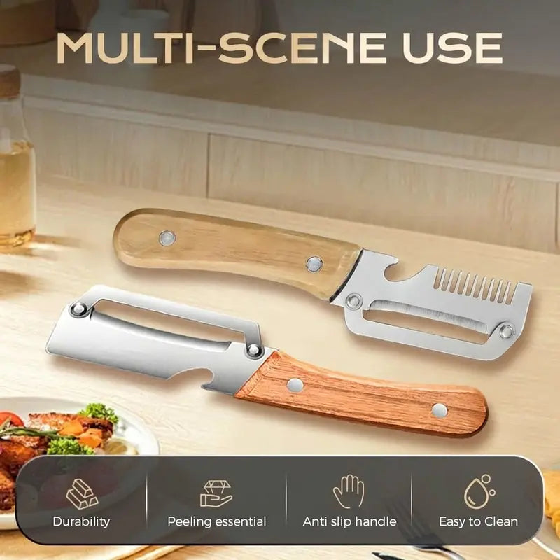 🔪🥕 Ultra-sharp stainless steel peeler with wooden handle and bottle opener (2-piece set)
