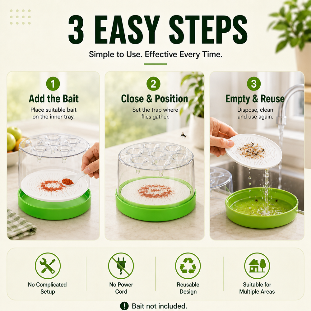 🏠🛡️Reusable Non-Electric Fly Trap--Near kitchen sinks, trash cans, pet bowls, garage windows, patios, and BBQs.