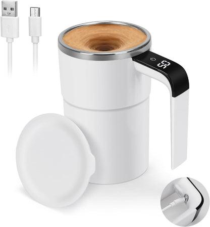 💟💟Self Stirring WHITE Mug. Auto Magnetic Coffee Mug with LED Display Temperature. Rechargeable Automatic Stirring Cup. 12oz Self Mixing Cup with Lid To Stir Coffee Mixed Milk at Desk Use