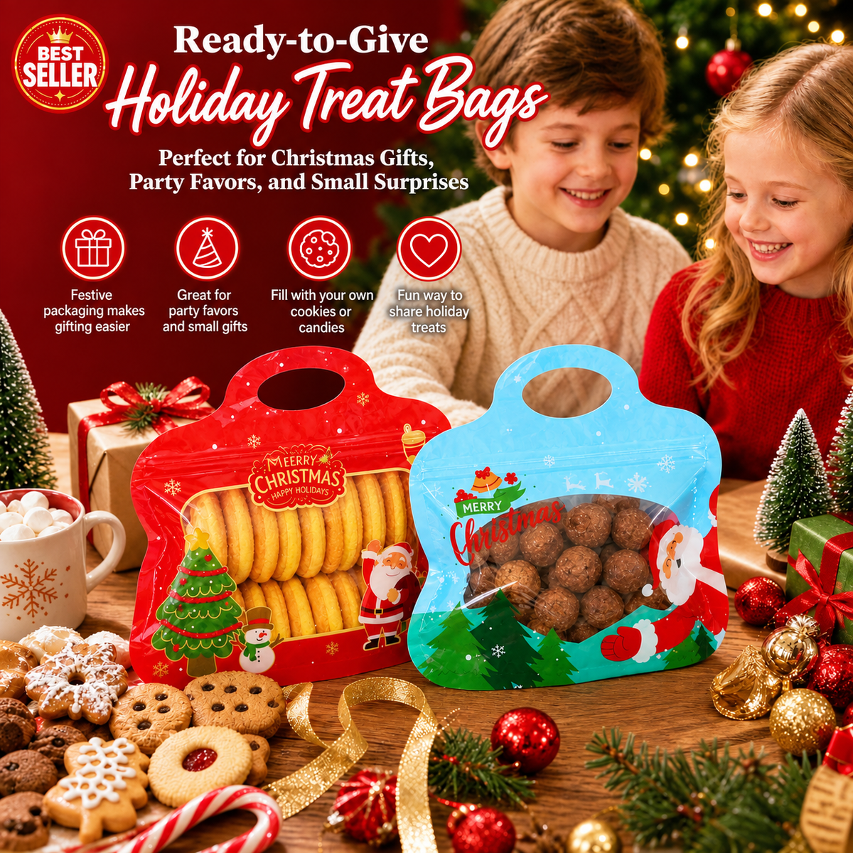 💖LAST DAY SALE 50% OFF!!🎁Easy Fill, Easy Seal🎄 Festive Self-Seal Treat Bags – Santa & Snowman Print | Resealable, Food-Safe & Perfect for Cookies, Chocolates & Little Gifts 🎅⛄