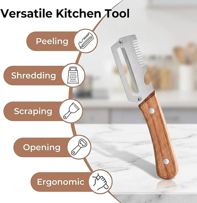 🔪🥕 Ultra-sharp stainless steel peeler with wooden handle and bottle opener (2-piece set)