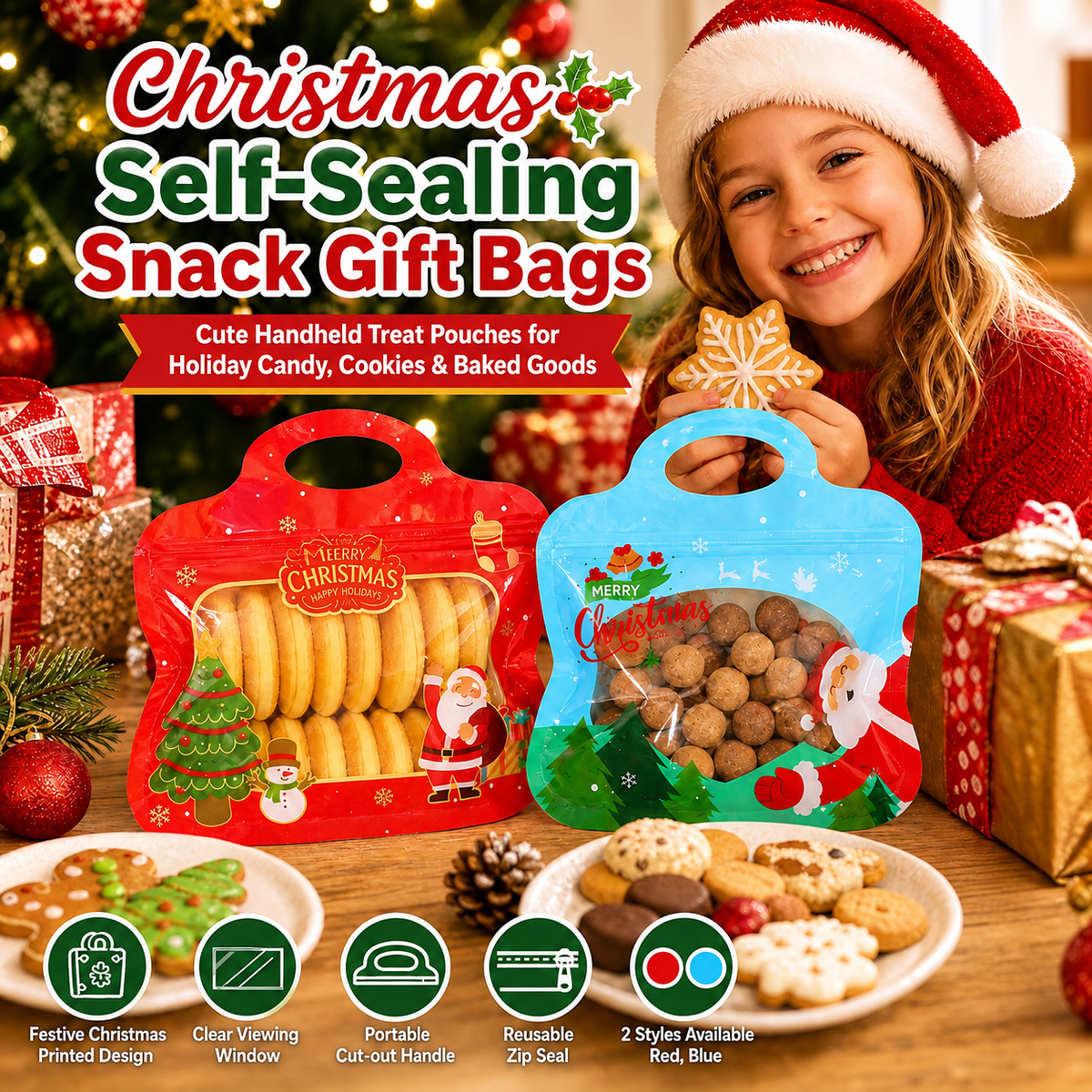 💖LAST DAY SALE 50% OFF!!🎁Easy Fill, Easy Seal🎄 Festive Self-Seal Treat Bags – Santa & Snowman Print | Resealable, Food-Safe & Perfect for Cookies, Chocolates & Little Gifts 🎅⛄