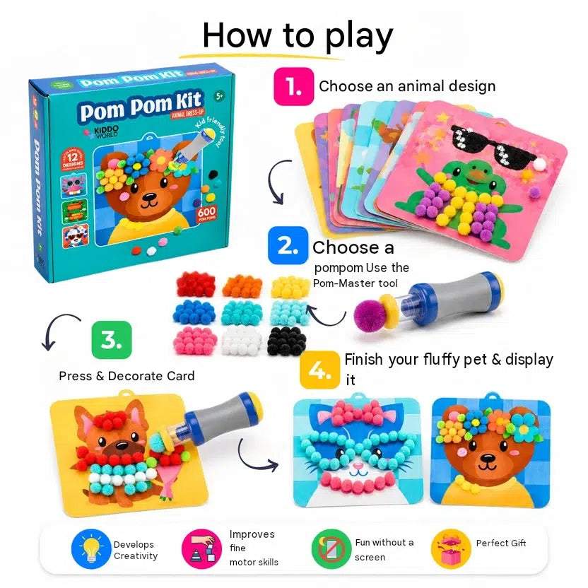 Pom Pom Kit – create soft 3D animals with fluffy pom poms, without any mess! (Ages 5+)