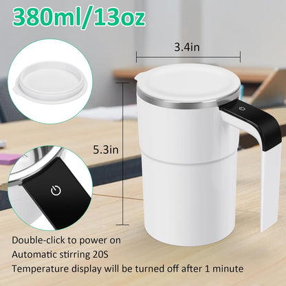 💟💟Self Stirring WHITE Mug. Auto Magnetic Coffee Mug with LED Display Temperature. Rechargeable Automatic Stirring Cup. 12oz Self Mixing Cup with Lid To Stir Coffee Mixed Milk at Desk Use