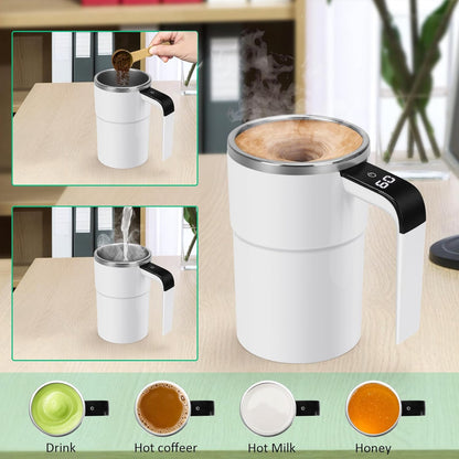 💟💟Self Stirring WHITE Mug. Auto Magnetic Coffee Mug with LED Display Temperature. Rechargeable Automatic Stirring Cup. 12oz Self Mixing Cup with Lid To Stir Coffee Mixed Milk at Desk Use