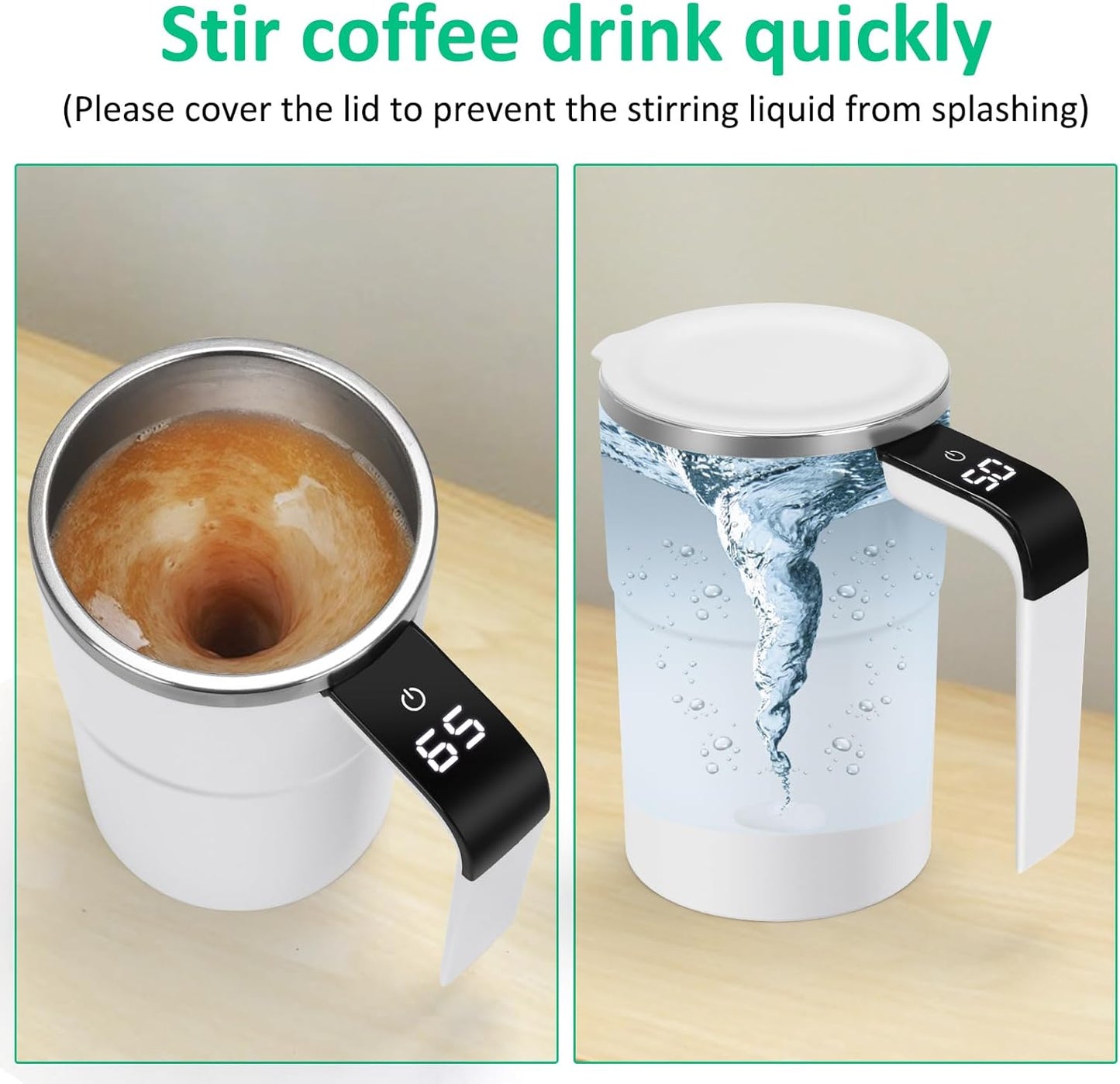 💟💟Self Stirring WHITE Mug. Auto Magnetic Coffee Mug with LED Display Temperature. Rechargeable Automatic Stirring Cup. 12oz Self Mixing Cup with Lid To Stir Coffee Mixed Milk at Desk Use