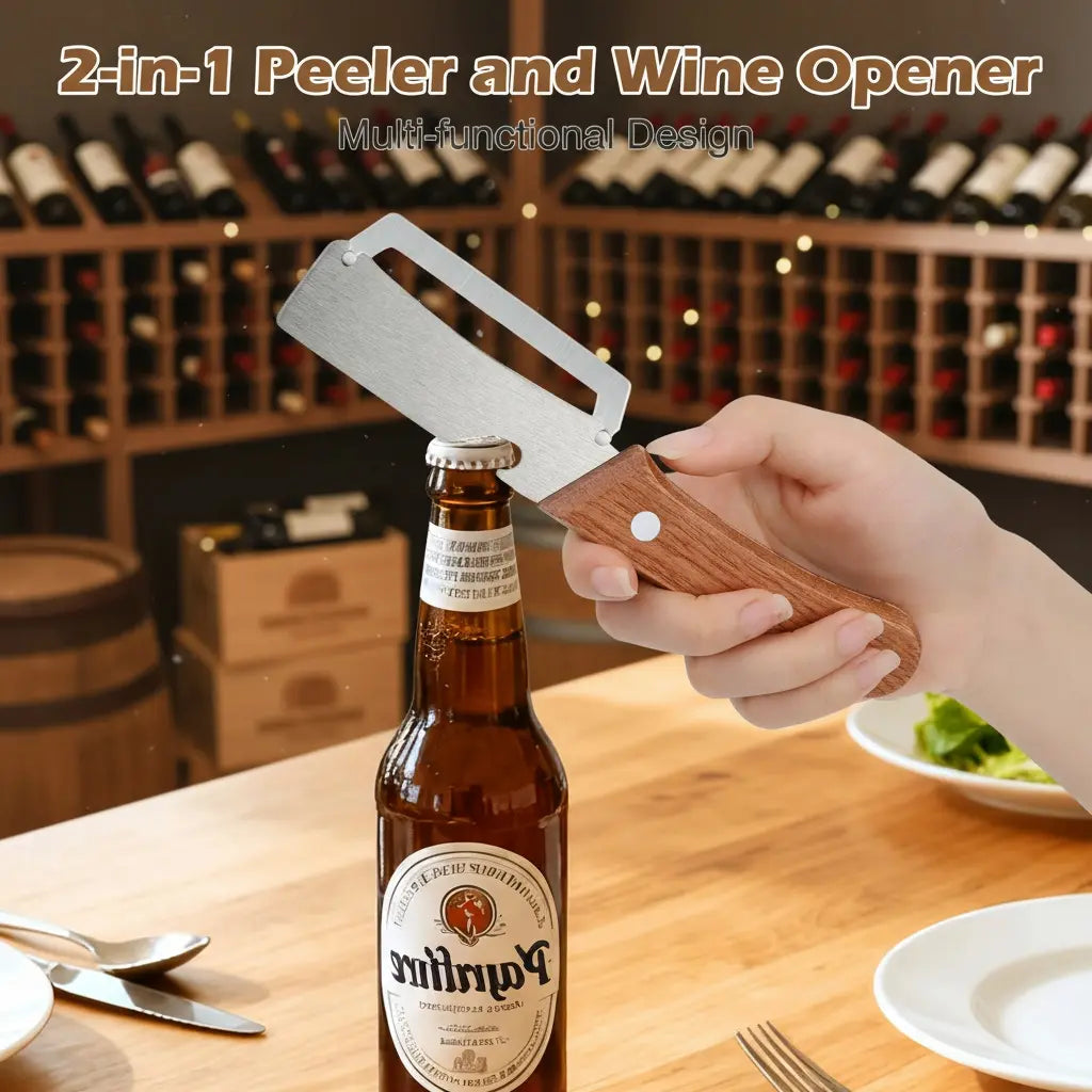 🔪🥕 Ultra-sharp stainless steel peeler with wooden handle and bottle opener (2-piece set)