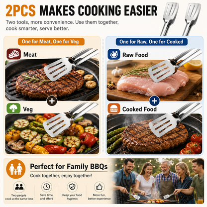 🍳👨‍🍳Buy One, Get One Free,Stainless Steel Grill Clamp Spatula, Anti‑Scald Extended Handle Spatula Tongs 🍳2PCS Makes Cooking Easier – One for Meat, One for Veg 🥩🥦