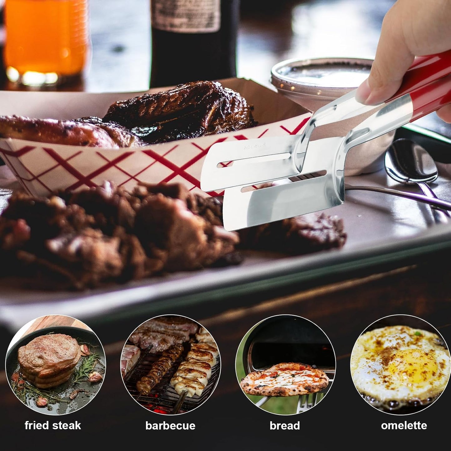 🍳👨‍🍳Buy One, Get One Free,Stainless Steel Grill Clamp Spatula, Anti‑Scald Extended Handle Spatula Tongs 🍳2PCS Makes Cooking Easier – One for Meat, One for Veg 🥩🥦