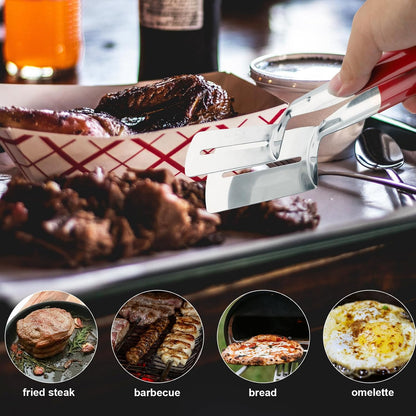 🍳👨‍🍳Buy One, Get One Free,Stainless Steel Grill Clamp Spatula, Anti‑Scald Extended Handle Spatula Tongs 🍳2PCS Makes Cooking Easier – One for Meat, One for Veg 🥩🥦