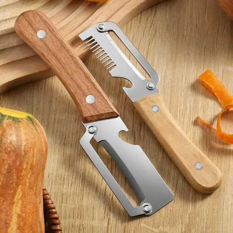 🔪🥕 Ultra-sharp stainless steel peeler with wooden handle and bottle opener (2-piece set)