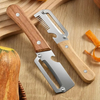 🔪🥕 Ultra-sharp stainless steel peeler with wooden handle and bottle opener (2-piece set)