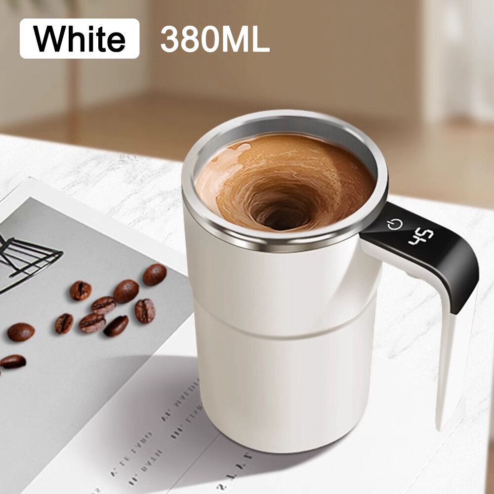 💟💟Self Stirring WHITE Mug. Auto Magnetic Coffee Mug with LED Display Temperature. Rechargeable Automatic Stirring Cup. 12oz Self Mixing Cup with Lid To Stir Coffee Mixed Milk at Desk Use