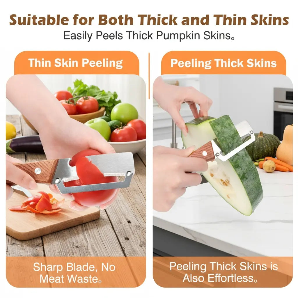 🔪🥕 Ultra-sharp stainless steel peeler with wooden handle and bottle opener (2-piece set)