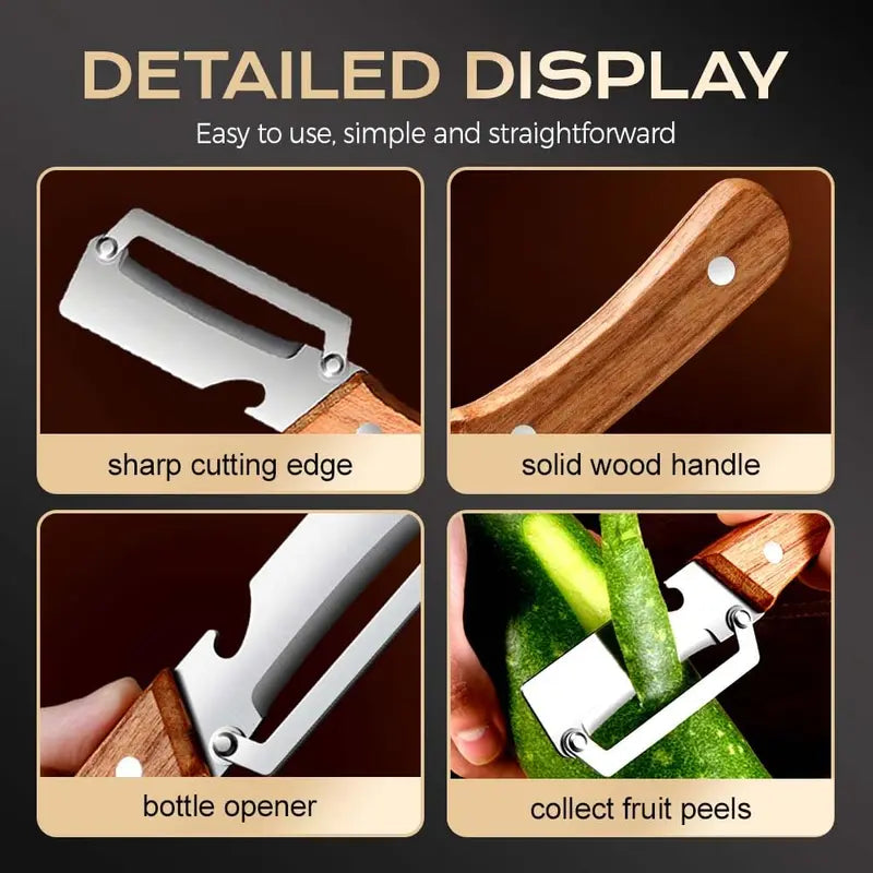 🔪🥕 Ultra-sharp stainless steel peeler with wooden handle and bottle opener (2-piece set)