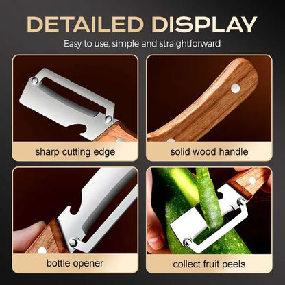 🔪🥕 Ultra-sharp stainless steel peeler with wooden handle and bottle opener (2-piece set)