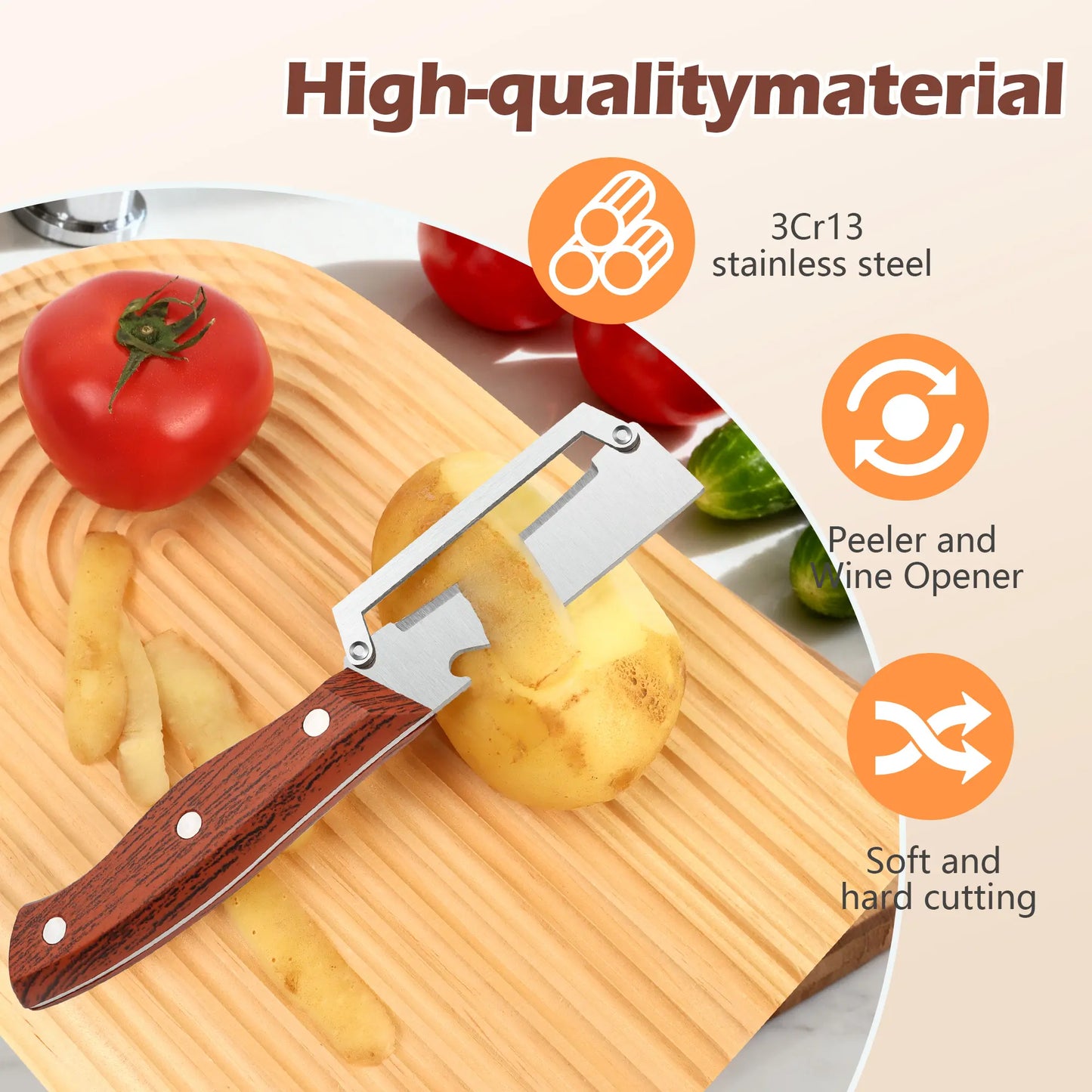 🔪🥕 Ultra-sharp stainless steel peeler with wooden handle and bottle opener (2-piece set)