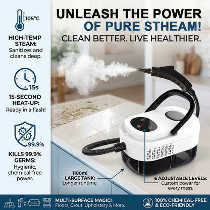 🥳2026 HOT SALE🥳💞50K+ SOLD!📢⏰ 50% OFF! High‑Temp Steam Cleaner – 105°C steam, 15s heat‑up. Kills 99.9% germs, no chemicals. 6 levels, large 1100ml tank. Multi‑surface magic! 🔥✨