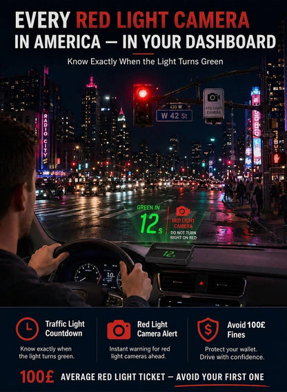 🚗50% OFF | Car GPS HUD Head-Up Display, Digital MPH Speedometer, Red Light Camera Alert & Traffic Light Countdown, Driver Safety Device to Avoid Driving Fines
